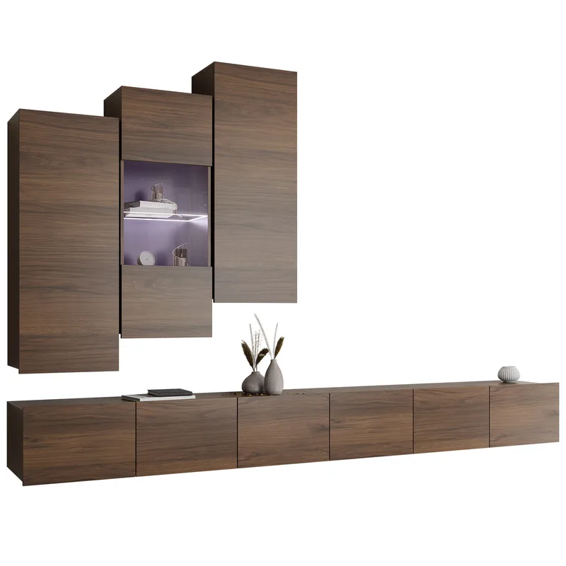 Tessan TV-veggseksjon med LED-belysning, brun