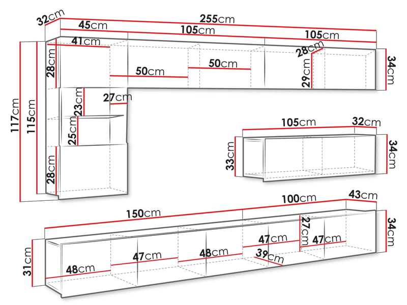 Tessan TV-veggseksjon med LED-belysning - brun - Møbler - TV- & Mediamøbler - TV-møbelsett