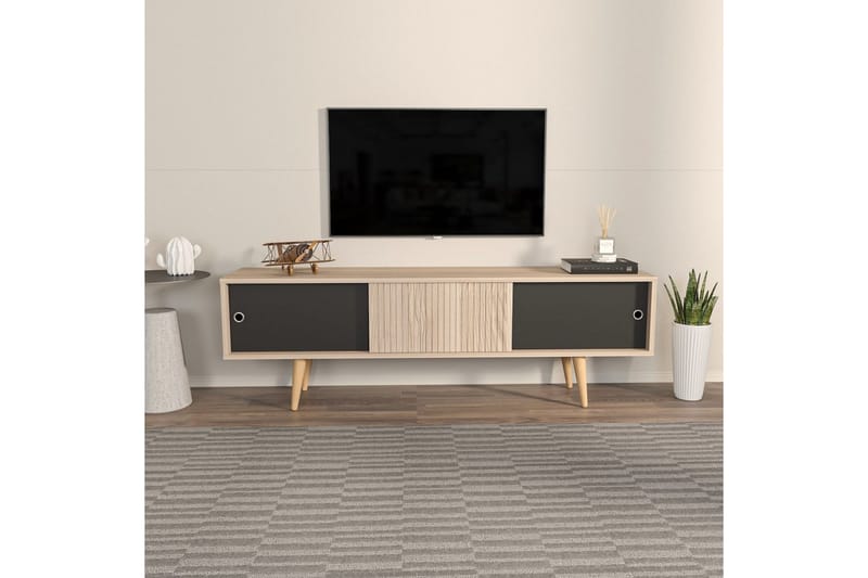 Ticoman TV-benk 160 cm - Svart/Mellomfarget tre - Møbler - TV- & Mediamøbler - TV benk & mediabenk