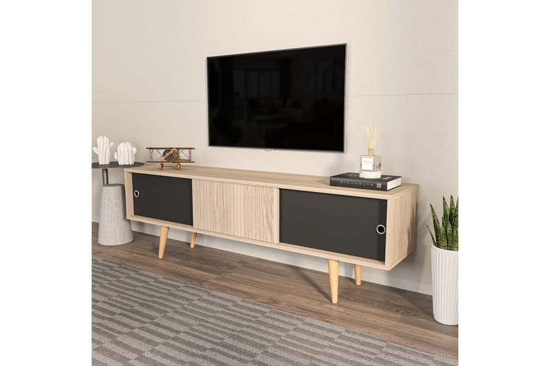 Ticoman TV-benk 160 cm - Svart/Mellomfarget tre - Møbler - TV- & Mediamøbler - TV benk & mediabenk