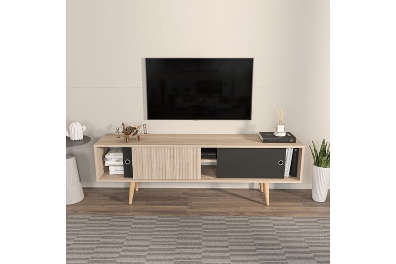 Ticoman TV-benk 160 cm - Svart/Mellomfarget tre - Møbler - TV- & Mediamøbler - TV benk & mediabenk