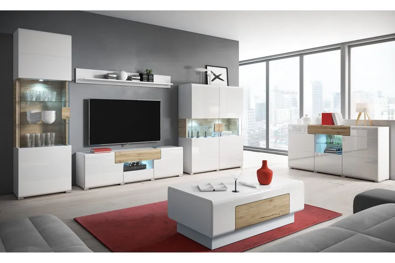 TV-benk Aureas 208 cm - Eik/Hvit høyglans - Møbler - TV- & Mediamøbler - TV benk & mediabenk