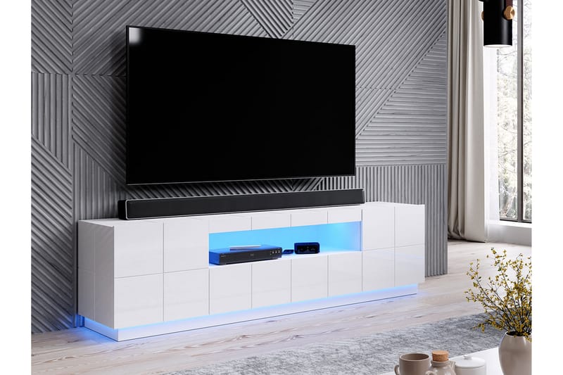 Tv-benk Ebreon + LED Hvit - Hvit Høyglans/Blå LED - TV benk & mediabenk