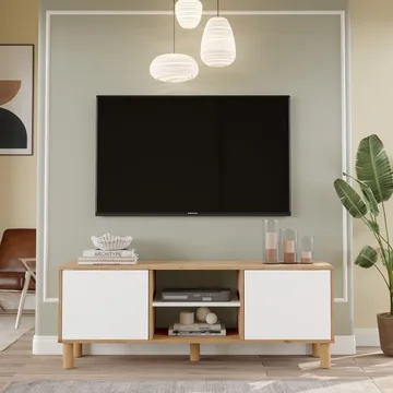 TV-benk Homitis Alston (160 x 59,1 x 40 cm) Eik hvit - Møbler - TV- & Mediamøbler - TV benk & mediabenk