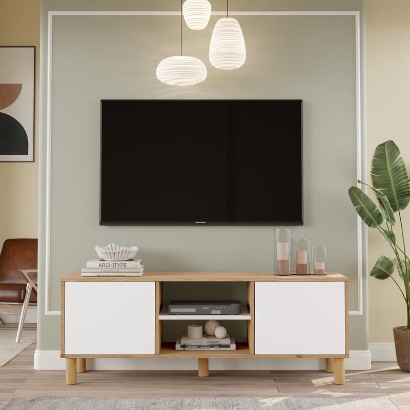 TV-benk Homitis Alston (160 x 59,1 x 40 cm) Eik hvit - Møbler - TV- & Mediamøbler - TV benk & mediabenk