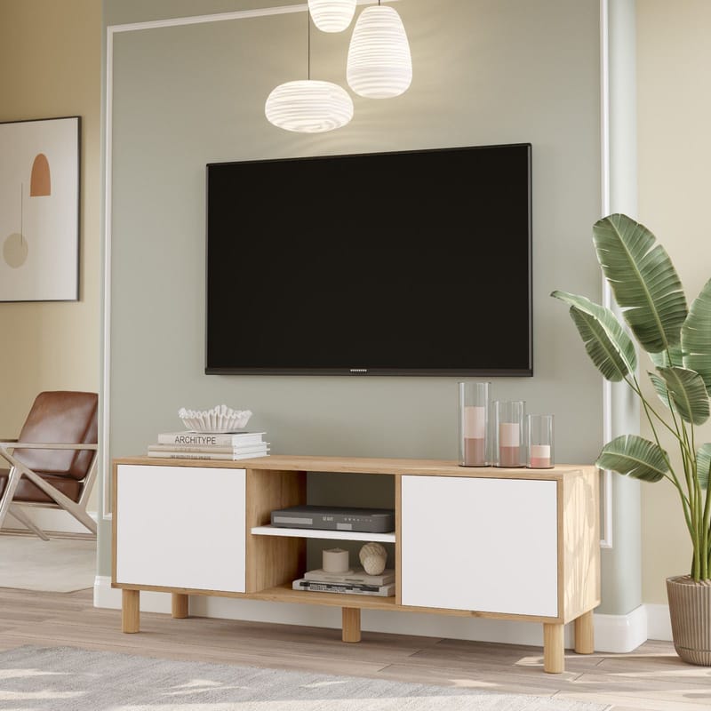 TV-benk Homitis Alston (160 x 59,1 x 40 cm) Eik hvit - Møbler - TV- & Mediamøbler - TV benk & mediabenk