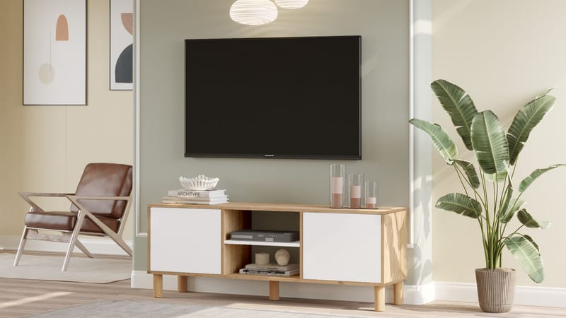 TV-benk Homitis Alston (160 x 59,1 x 40 cm) Eik hvit - Møbler - TV- & Mediamøbler - TV benk & mediabenk
