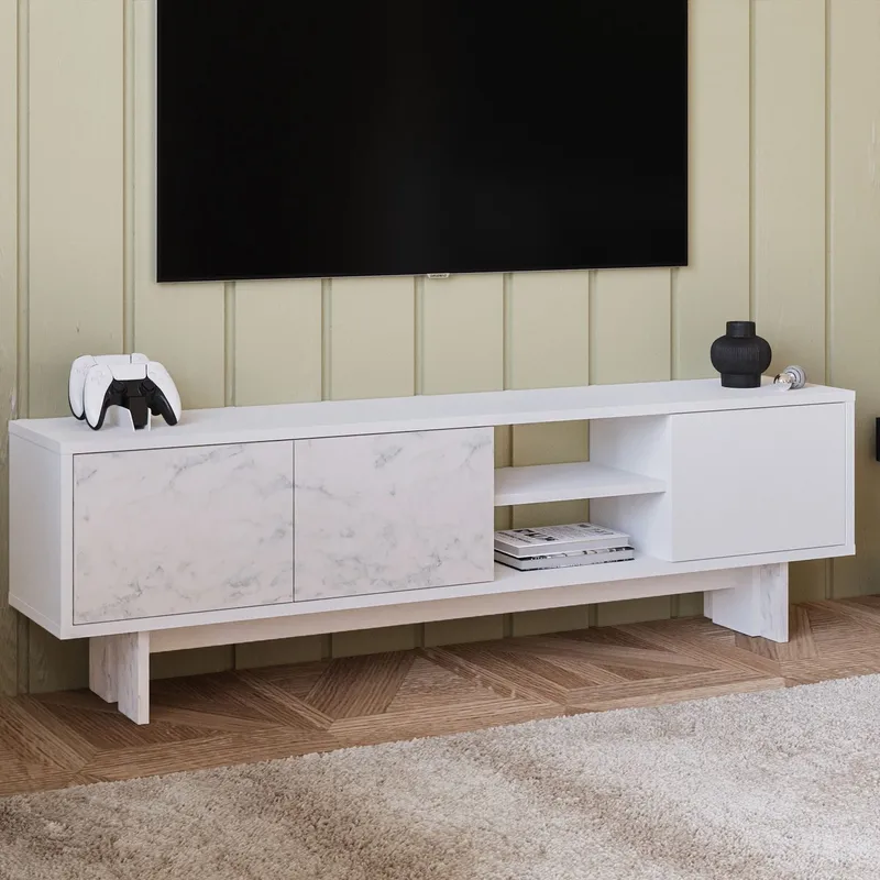 TV-benk Homitis Ravello (150 x 45 x 30 cm) Hvit marmor - Møbler - TV- & Mediamøbler - TV benk & mediabenk