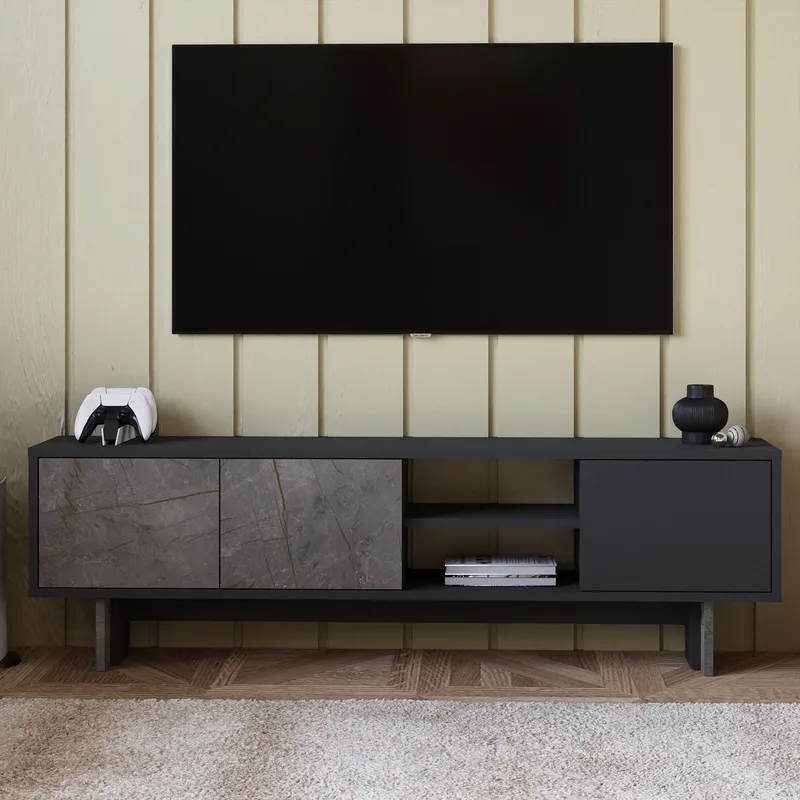 TV-benk Homitis Ravello (150 x 45 x 30 cm) Marmor antrasitt - Møbler - TV- & Mediamøbler - TV benk & mediabenk