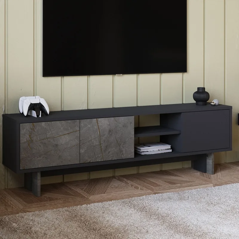 TV-benk Homitis Ravello (150 x 45 x 30 cm) Marmor antrasitt - Møbler - TV- & Mediamøbler - TV benk & mediabenk