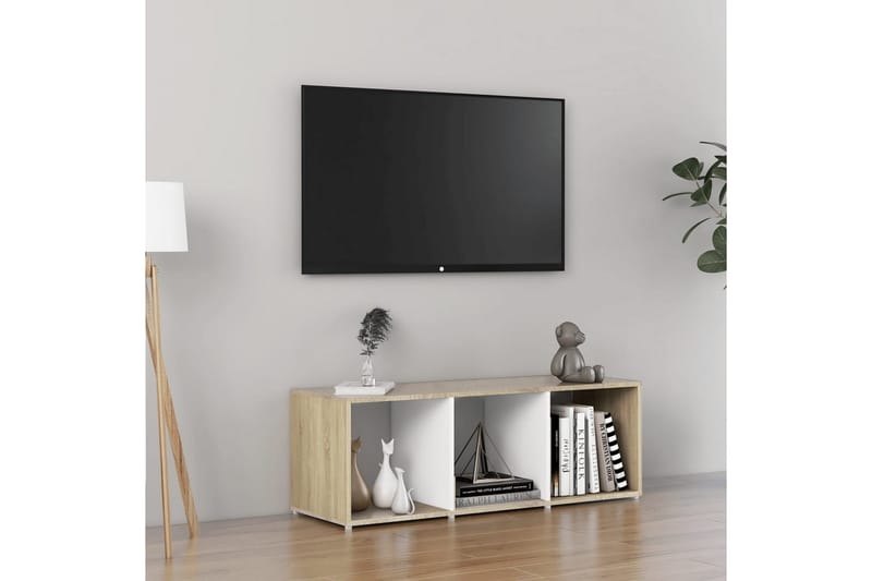 TV-benk hvit og sonoma eik 107x35x37 cm sponplate - Beige - TV benk & mediabenk