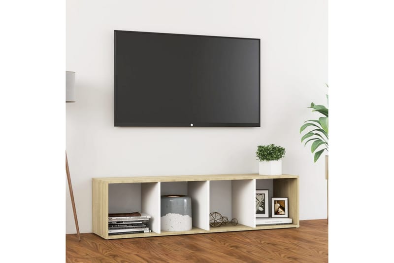 TV-benk hvit og sonoma eik 142,5x35x36,5 cm sponplate - Beige - TV benk & mediabenk