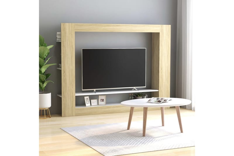 TV-benk hvit og sonoma eik 152x22x113 cm sponplate - TV benk & mediabenk