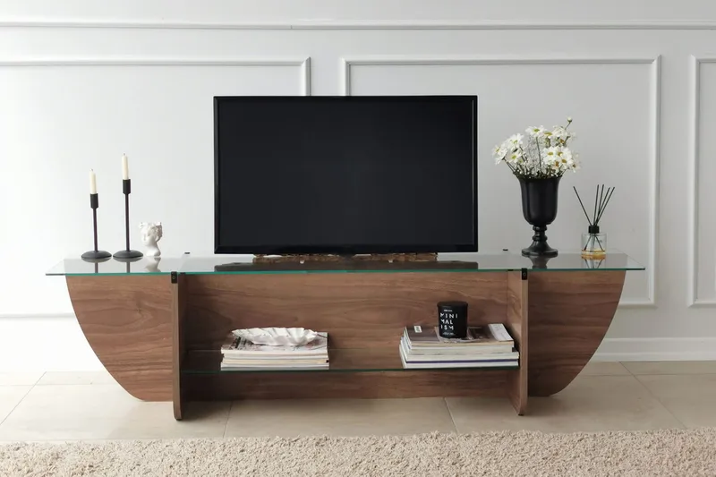 Andifli Gulvstående TV-benk 158 cm med Oppbevaring i Tre med Glassplate - Brun - Møbler - TV- & Mediamøbler - TV benk & mediabenk
