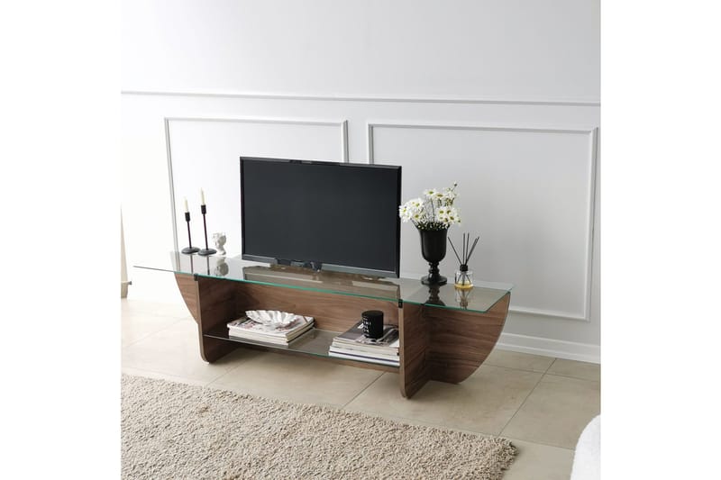 Andifli Gulvstående TV-benk 158 cm med Oppbevaring i Tre med Glassplate - Brun - Møbler - TV- & Mediamøbler - TV benk & mediabenk