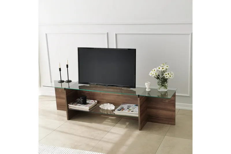 Andifli TV-benk 158 cm med Oppbevaring i Tre med Glassplate - Brun - Møbler - TV- & Mediamøbler - TV benk & mediabenk