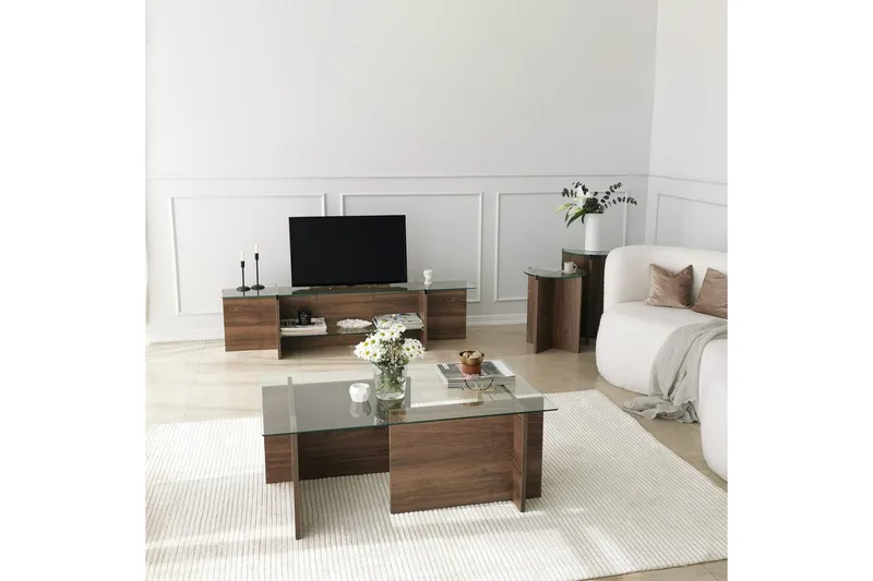 Andifli TV-benk 158 cm med Oppbevaring i Tre med Glassplate - Brun - Møbler - TV- & Mediamøbler - TV benk & mediabenk
