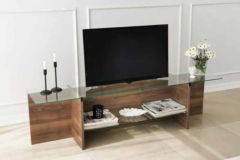 Andifli TV-benk 158 cm med Oppbevaring i Tre med Glassplate - Brun - Møbler - TV- & Mediamøbler - TV benk & mediabenk