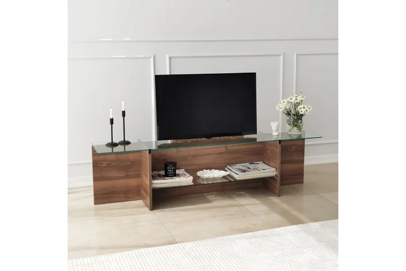 Andifli TV-benk 158 cm med Oppbevaring i Tre med Glassplate - Brun - Møbler - TV- & Mediamøbler - TV benk & mediabenk