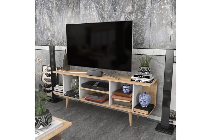 Andifli TV-benk 160 cm med Oppbevaring i Tre med Plastben - Beige - Møbler - TV- & Mediamøbler - TV benk & mediabenk