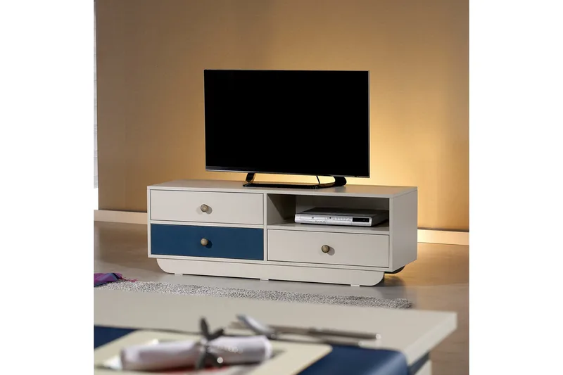 Cazablanca TV-benk 140 cm - Hvit/Blå - Møbler - TV- & Mediamøbler - TV benk & mediabenk