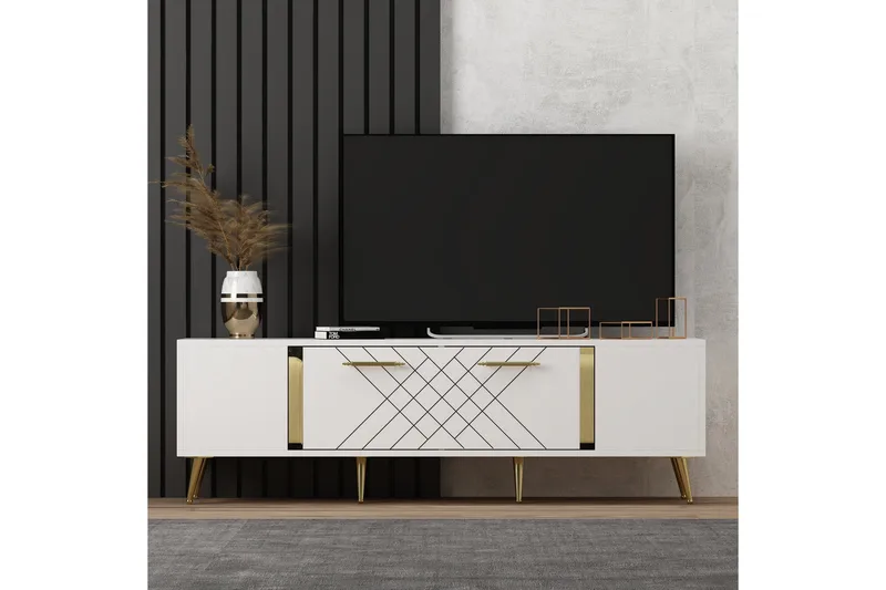 Detas TV-benk 150x35 cm Hvit/Gull - Hanah Home - Møbler - TV- & Mediamøbler - TV benk & mediabenk