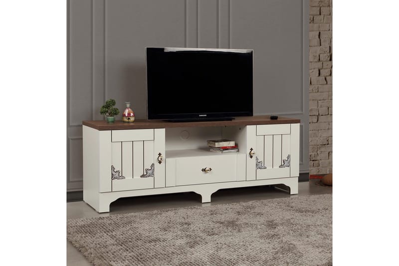 Gaszpar TV-benk 140 cm - Hvit/Valnøtt - Møbler - TV- & Mediamøbler - TV benk & mediabenk