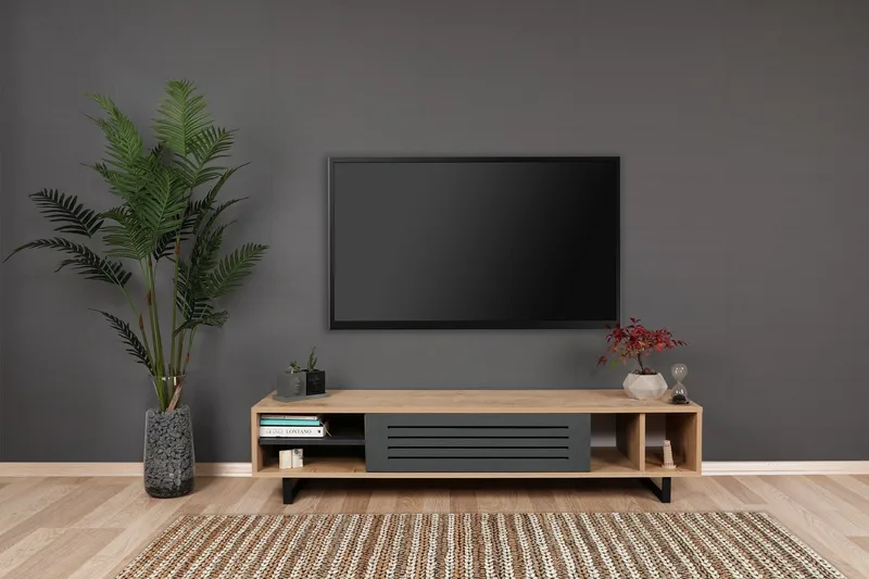 Gersby Gulvstående TV-benk 160 cm med Oppbevaring i Lyst Tre - Grå|Beige - Møbler - TV- & Mediamøbler - TV benk & mediabenk