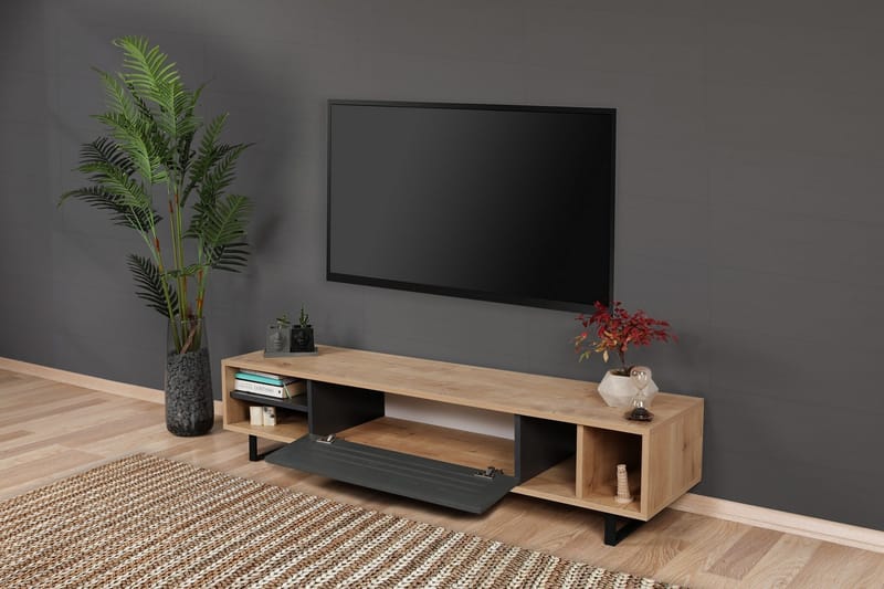 Gersby Gulvstående TV-benk 160 cm med Oppbevaring i Lyst Tre - Grå|Beige - Møbler - TV- & Mediamøbler - TV benk & mediabenk