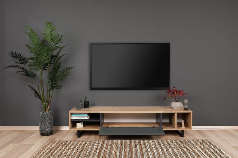 Gersby Gulvstående TV-benk 160 cm med Oppbevaring i Lyst Tre - Grå|Beige - Møbler - TV- & Mediamøbler - TV benk & mediabenk