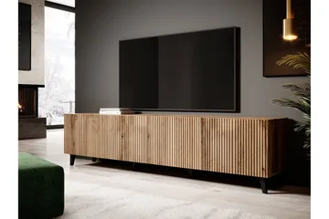 Juniskär Ribbet TV-benk i tre med oppbevaring - 40 cm dyb, 200 cm bred, 49 cm høy - Eik / Svart / Tre / Ribbet - Møbler - TV- & Mediamøbler - TV benk & mediabenk