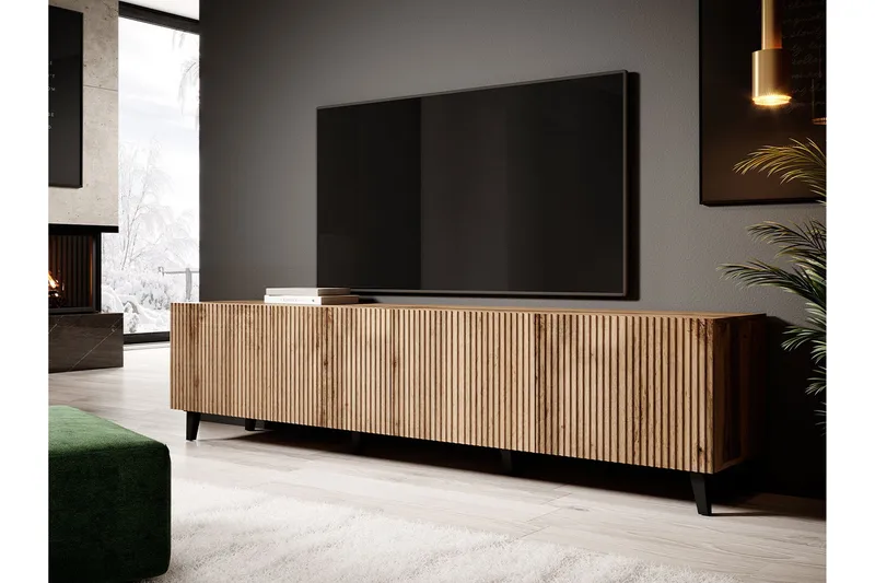 Juniskär Ribbet TV-benk i tre med oppbevaring - 40 cm dyb, 200 cm bred, 49 cm høy - Eik / Svart / Tre / Ribbet - Møbler - TV- & Mediamøbler - TV benk & mediabenk