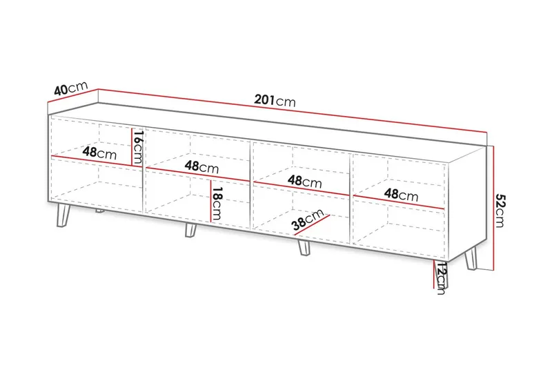 Juniskär TV-benk med Oppbevaring + Hyller 40x52x200 cm - Svart / Brun / Ribbet - Møbler - TV- & Mediamøbler - TV benk & mediabenk