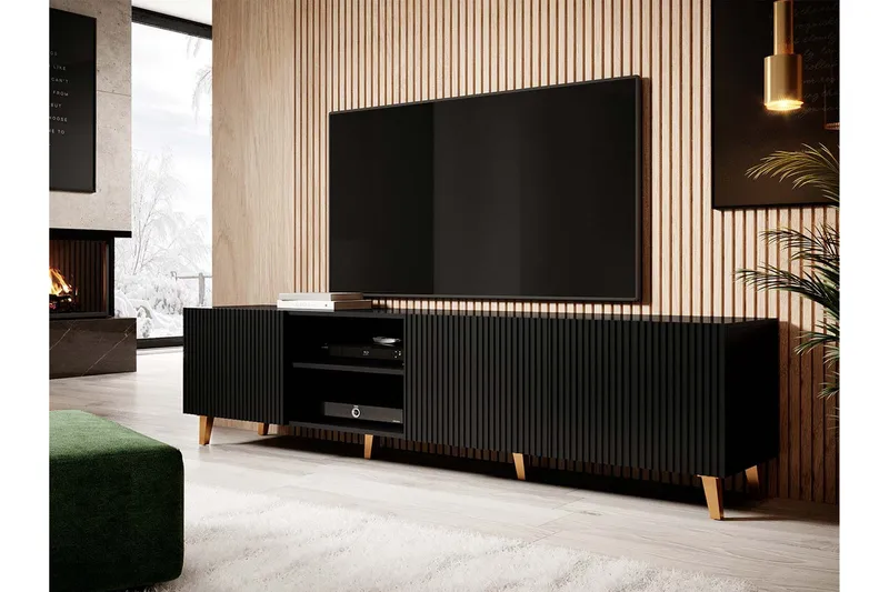 Juniskär TV-benk med Oppbevaring + Hyller 40x52x200 cm - Svart / Brun / Ribbet - Møbler - TV- & Mediamøbler - TV benk & mediabenk