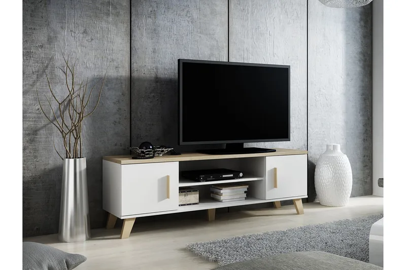 Kardos Gulvstående TV-benk 160 cm med Oppbevaring i Eik, Hvit|Beige