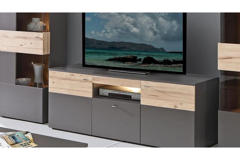Lianne TV-benk 150 cm 2 Dører Skuff inkl. Belysning - Plank Eik/Grå - Møbler - TV- & Mediamøbler - TV benk & mediabenk