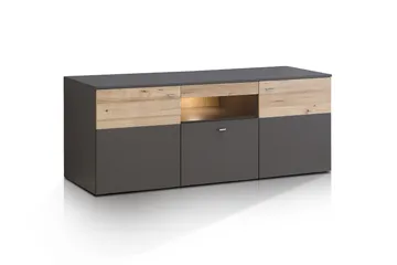 Lianne TV-benk 150 cm 2 Dører Skuff inkl. Belysning - Plank Eik/Grå - Møbler - TV- & Mediamøbler - TV benk & mediabenk