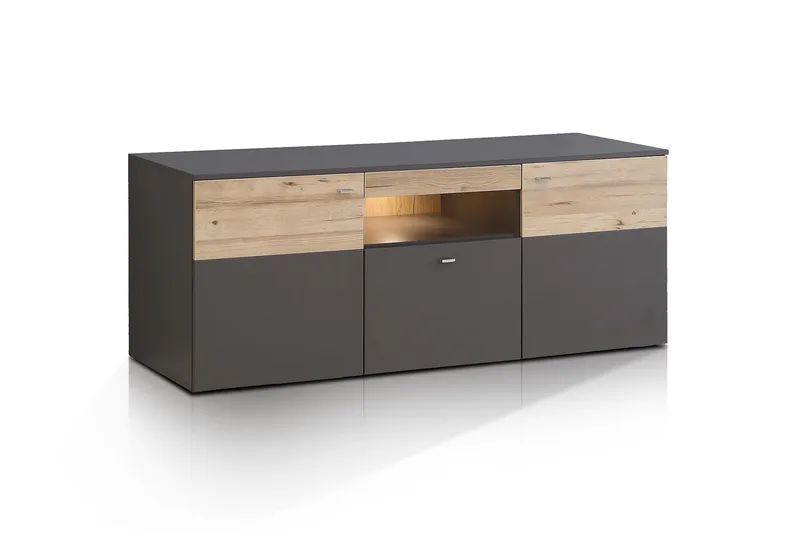 Lianne TV-benk 150 cm 2 Dører Skuff inkl. Belysning, Plank Eik/Grå