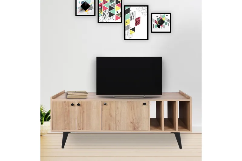 Maolina Retro TV-benk 150 cm med Oppbevaring i Tre, Lysebrun