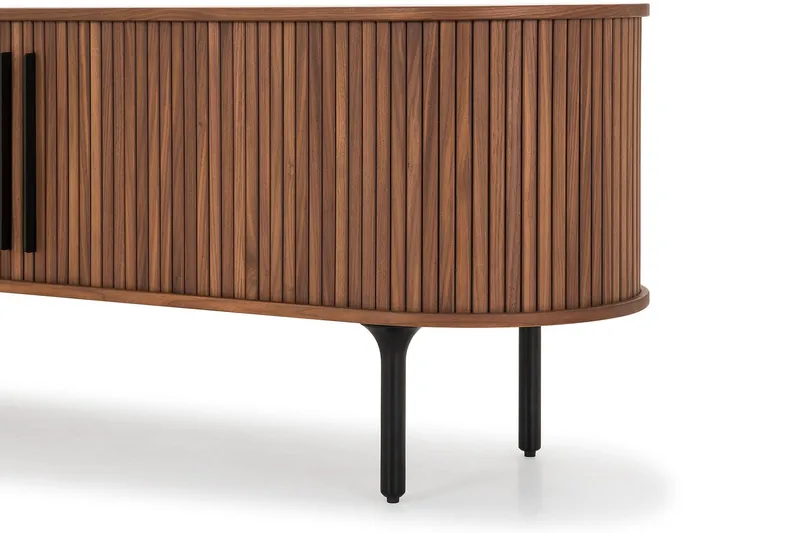 Noira oval TV-benk i valnøtt 150x45 cm med ribber - Mørkebrunt / brunt tre - Møbler - TV- & Mediamøbler - TV benk & mediabenk
