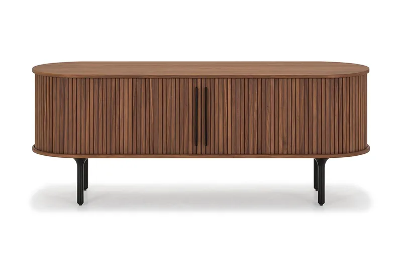 Noira oval TV-benk i valnøtt 150x45 cm med ribber, Mørkebrunt / brunt tre