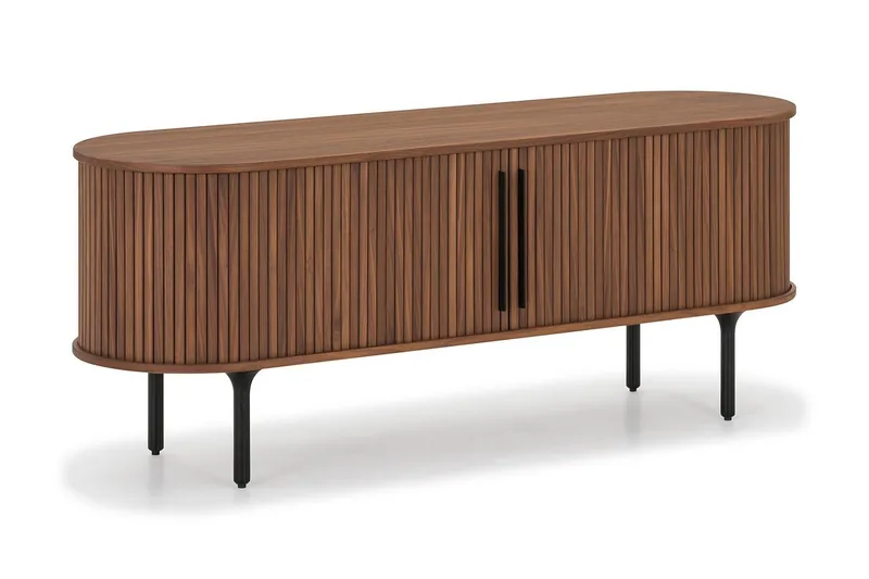 Noira oval TV-benk i valnøtt 150x45 cm med ribber - Mørkebrunt / brunt tre - Møbler - TV- & Mediamøbler - TV benk & mediabenk