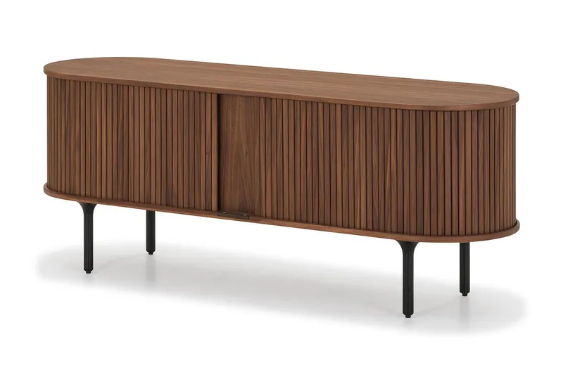 Noira oval TV-benk i valnøtt 150x45 cm med ribber - Mørkebrunt / brunt tre - Møbler - TV- & Mediamøbler - TV benk & mediabenk