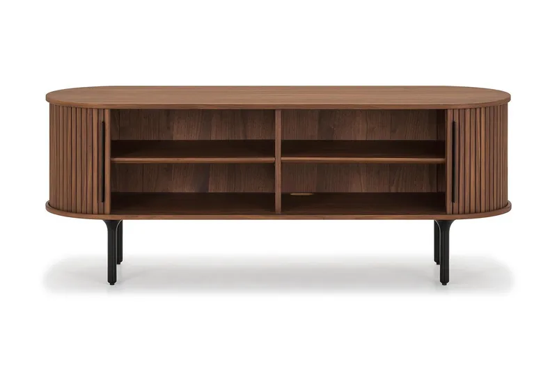 Noira oval TV-benk i valnøtt 150x45 cm med ribber - Mørkebrunt / brunt tre - Møbler - TV- & Mediamøbler - TV benk & mediabenk