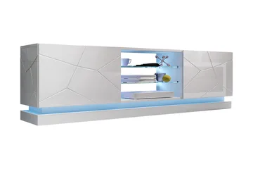 Qiu TV-benk med Oppbevaring + Hyller 200 cm - Hvit / Høyglans / Glass - Møbler - TV- & Mediamøbler - TV benk & mediabenk