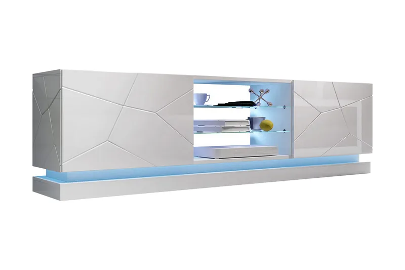 Qiu TV-benk med Oppbevaring + Hyller 200 cm, Hvit / Høyglans / Glass