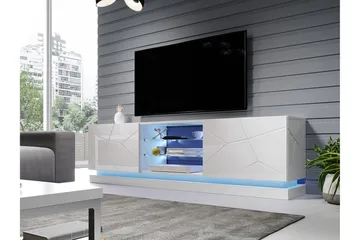 Qiu TV-benk med Oppbevaring + Hyller 200 cm - Hvit / Høyglans / Glass - Møbler - TV- & Mediamøbler - TV benk & mediabenk