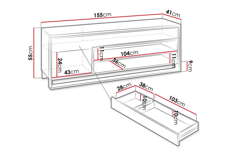 Quant 41x155 cm - Eik/Svart - TV benk & mediabenk