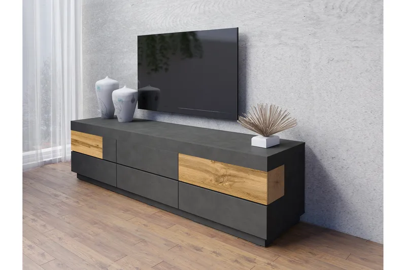 Silke Modern Gulvstående TV-benk 206 cm med Oppbevaring i Eik - Antrasitt - Møbler - TV- & Mediamøbler - TV benk & mediabenk