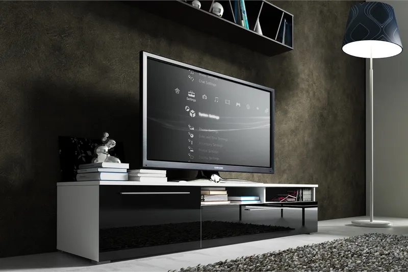 Stockend Gulvstående TV-benk 150 cm med Oppbevaring i Malt Tre med Høyglansutseende - Svart - Møbler - TV- & Mediamøbler - TV benk & mediabenk